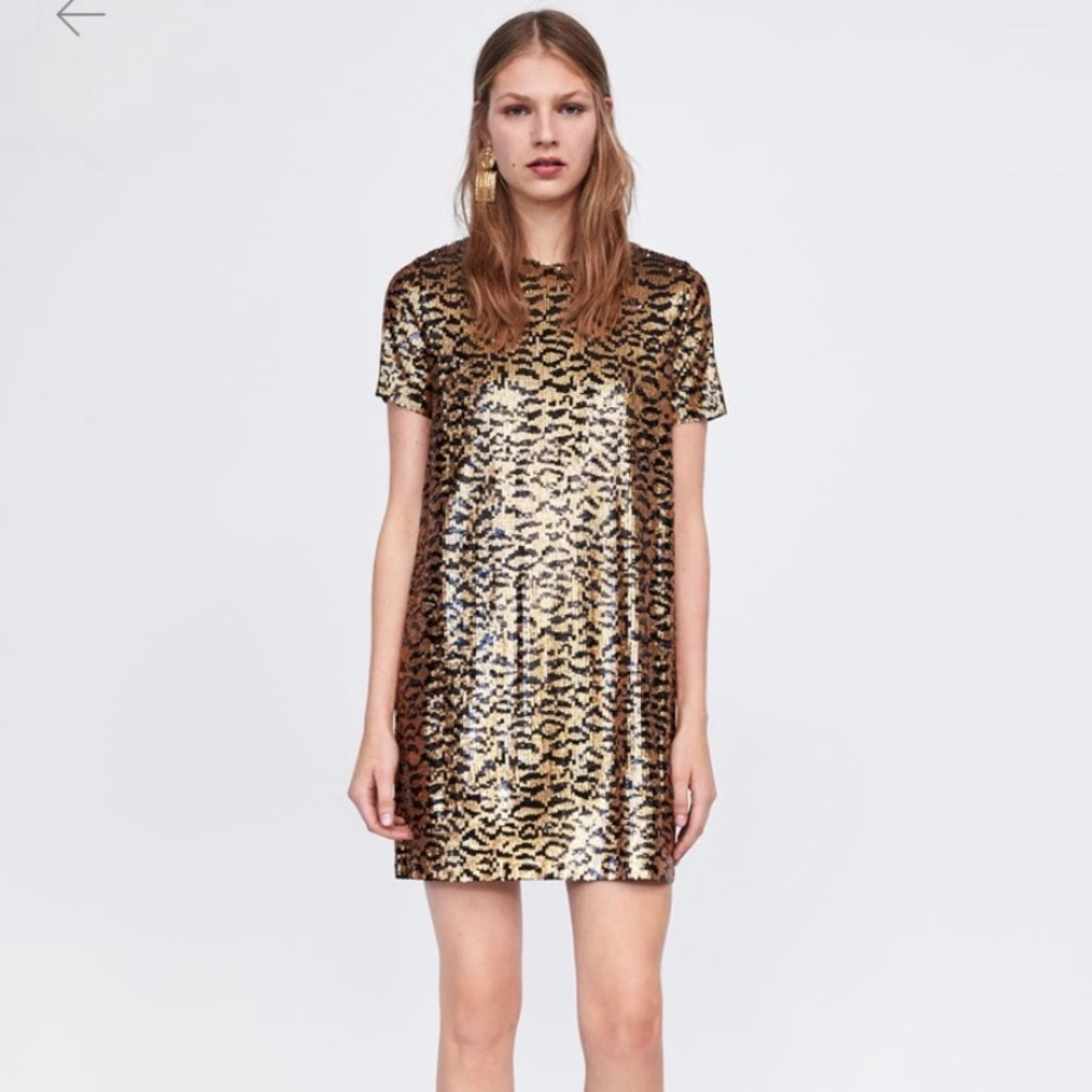 Zara Gold and Brown Sequin Leopard Print Dress
